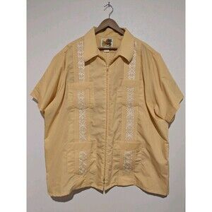 Men's Haband Guayabera Zip Front Shirt XXL Yellow Vintage 80s 2X Emb Pockets